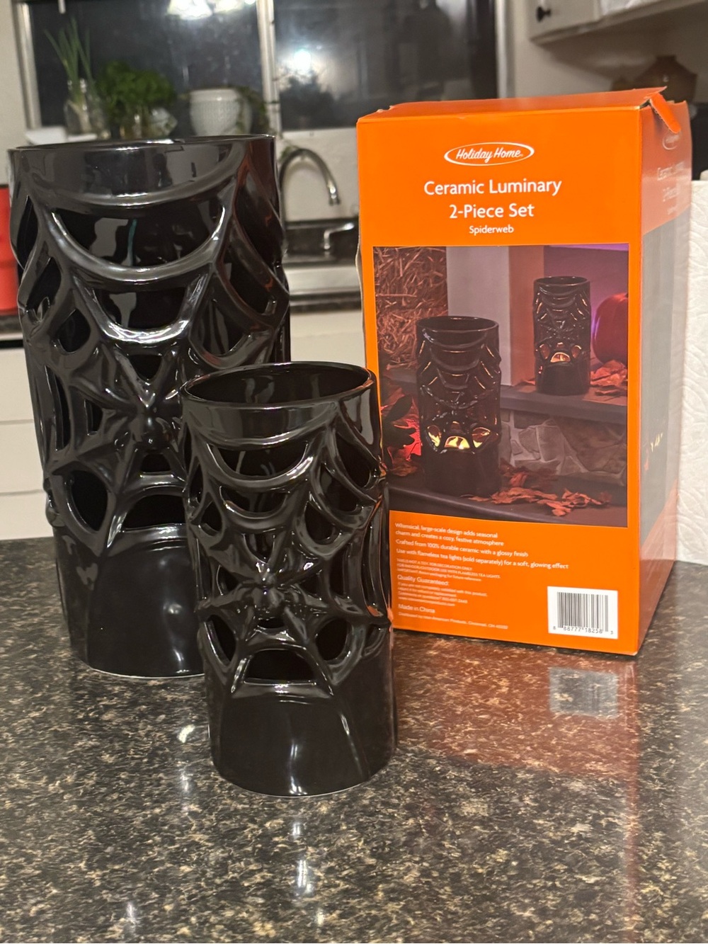 Black Ceramic Spiderweb Luminary Pair